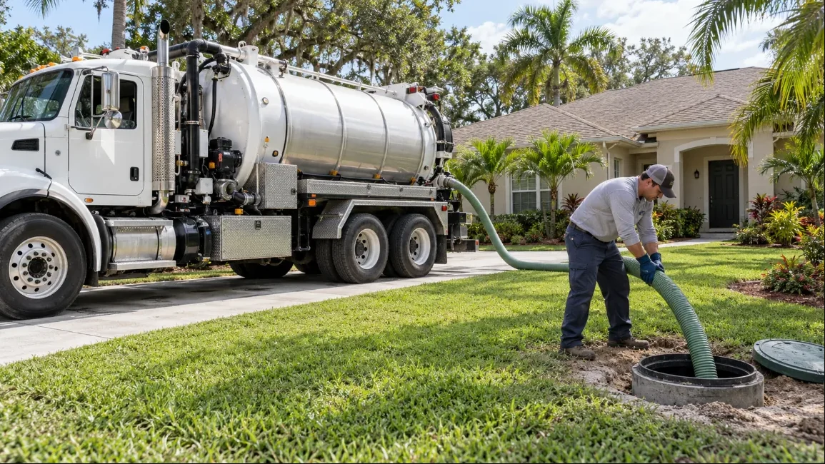 Septic pumping truck and technician beside a green residential yard